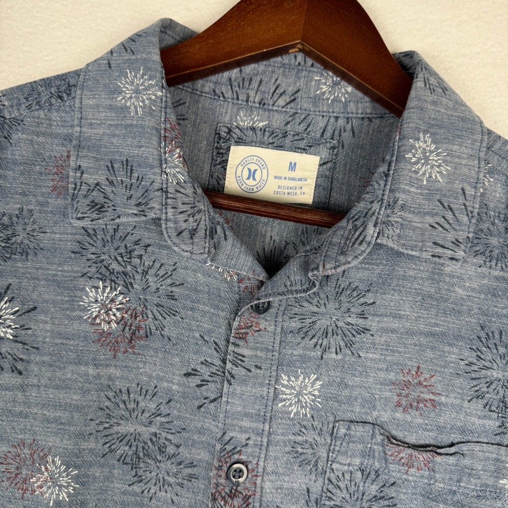 Hurley Mens M Blue Starburst Firework AOP Short Sleeve‎ Shirt Summer 4th of July